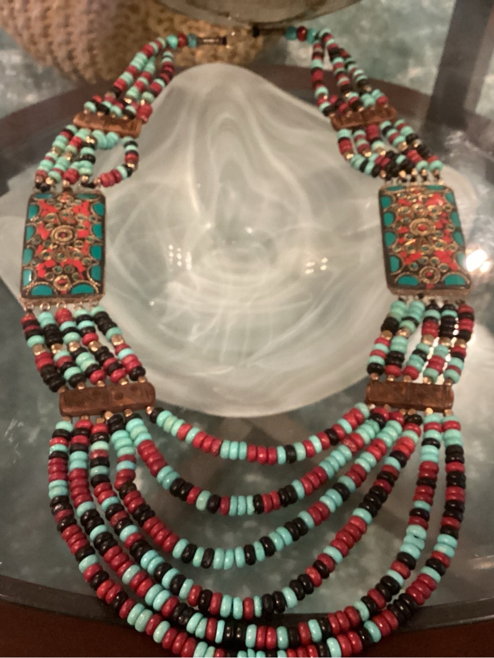 Turquoise and Red Multi-Strand Beaded Statement Necklace - Women Jewelry